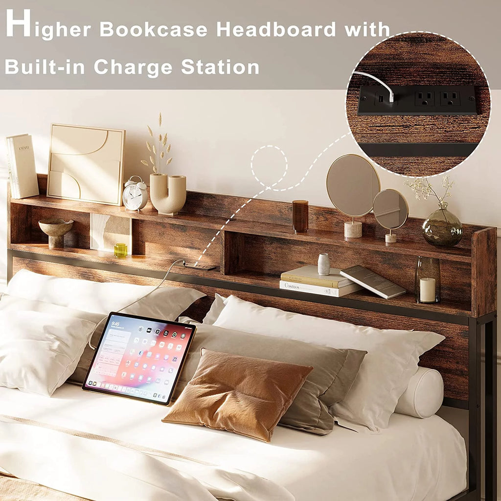 King Size Platform Storage Bed with Bookcase Headboard G7024
