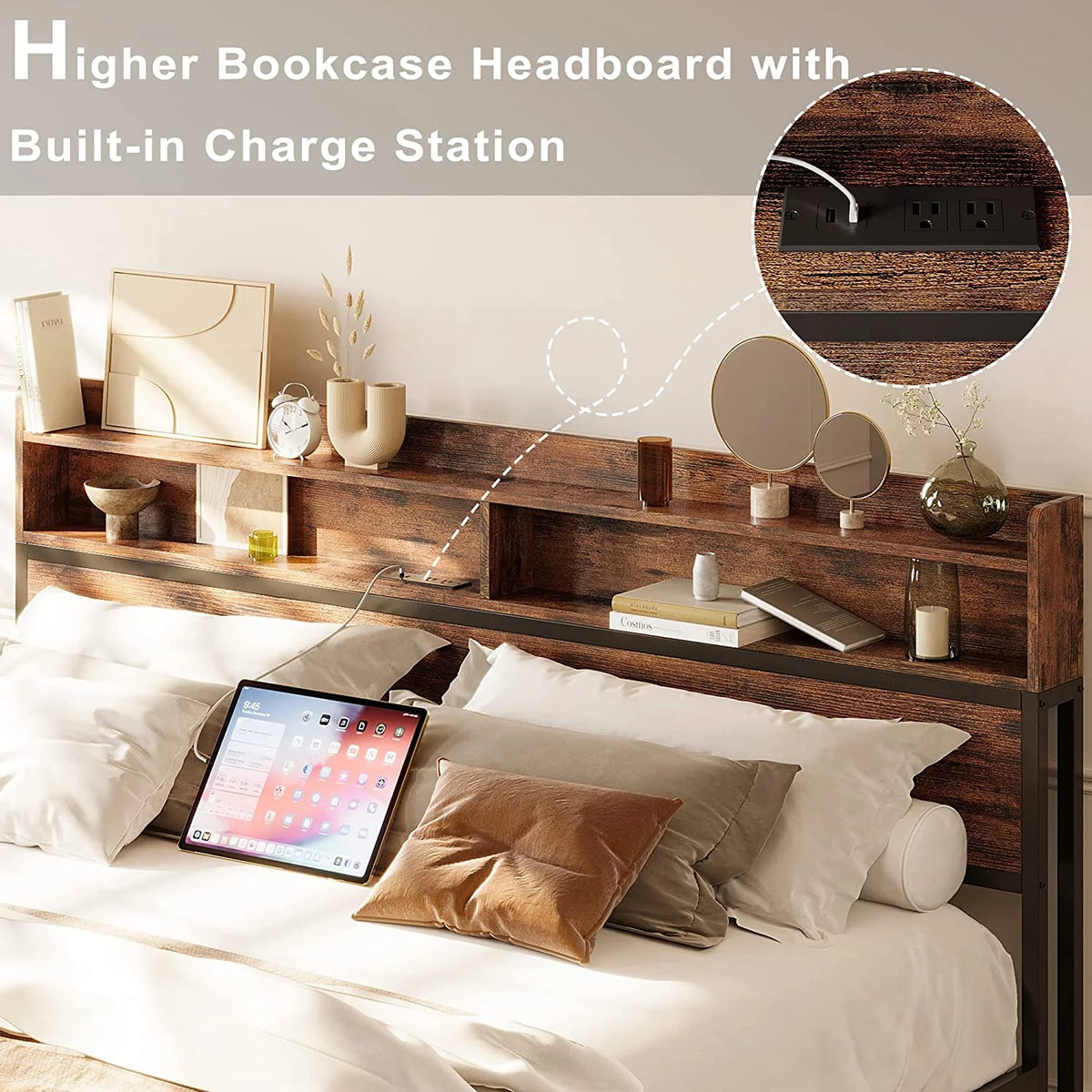 King Size Platform Storage Bed with Bookcase Headboard G7024