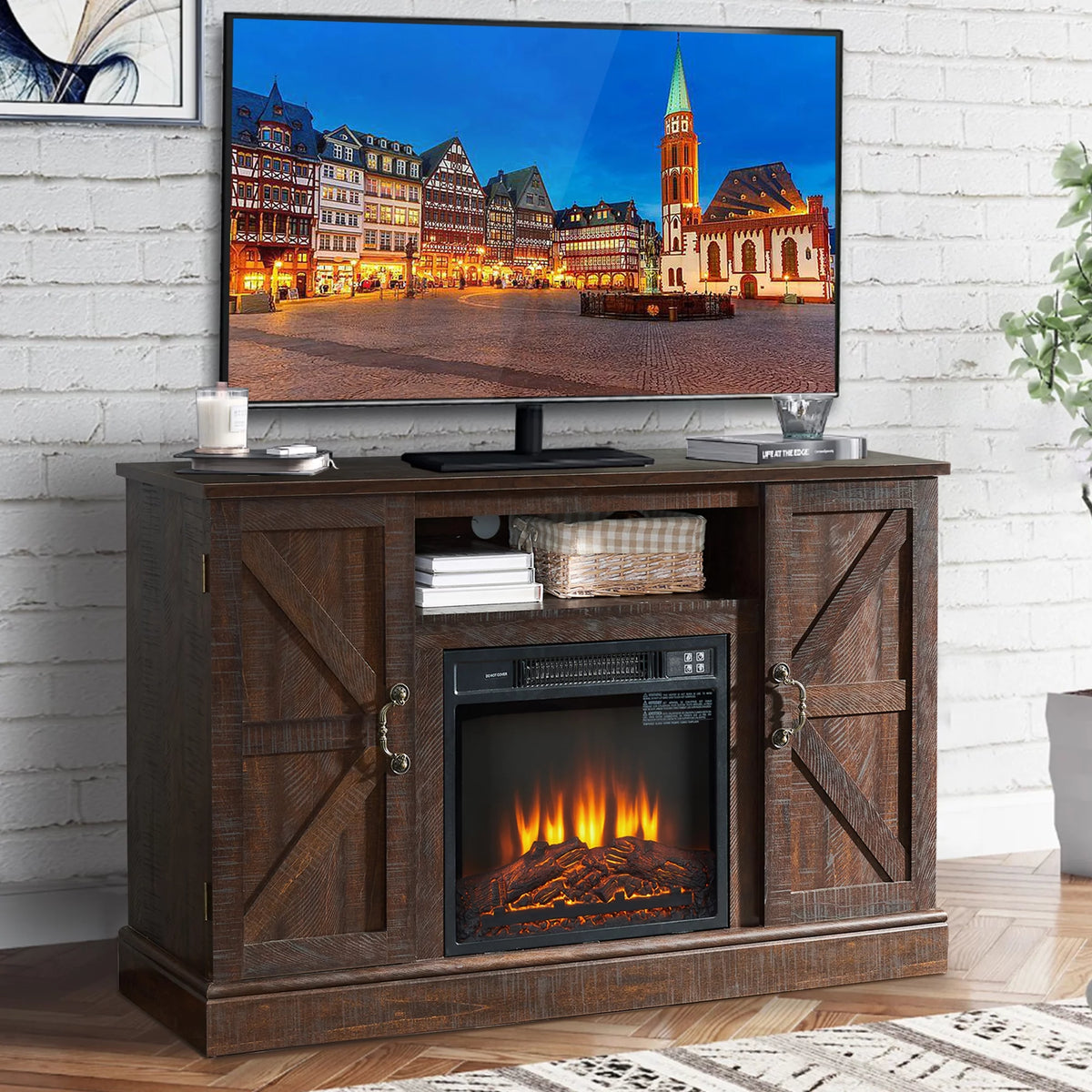Brown Fireplace TV Stand with Electric Fireplace Heater H920479