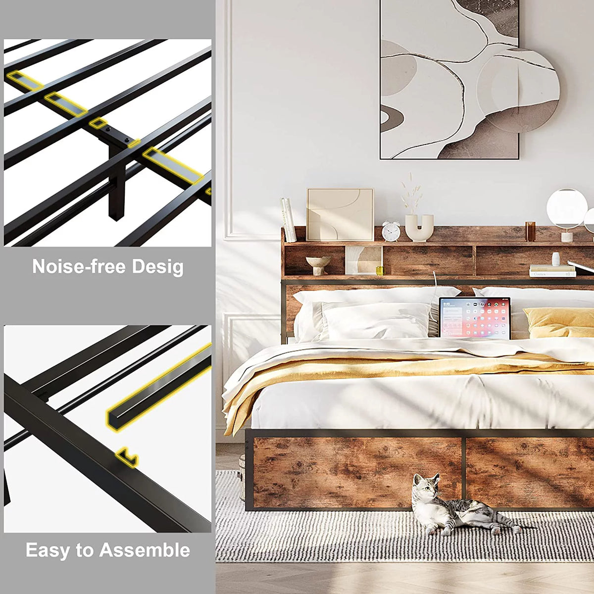 King Size Platform Storage Bed with Bookcase Headboard G7024