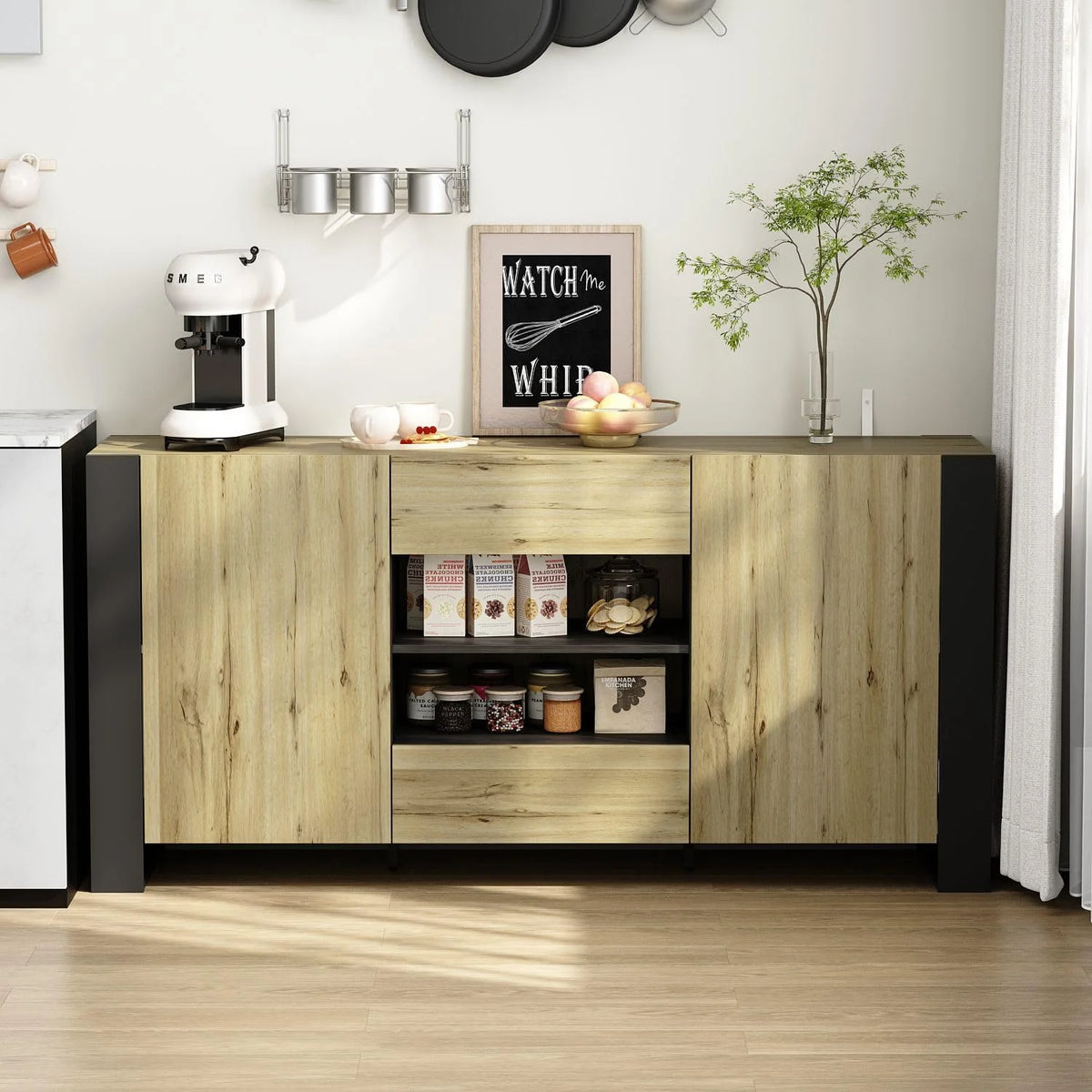 Rustic Black Credenza Sideboard with Doors and Shelves V592513