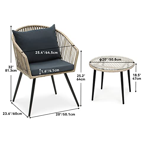 3-Piece Wicker Bistro Set with Cushions and Glass Side Table I36506