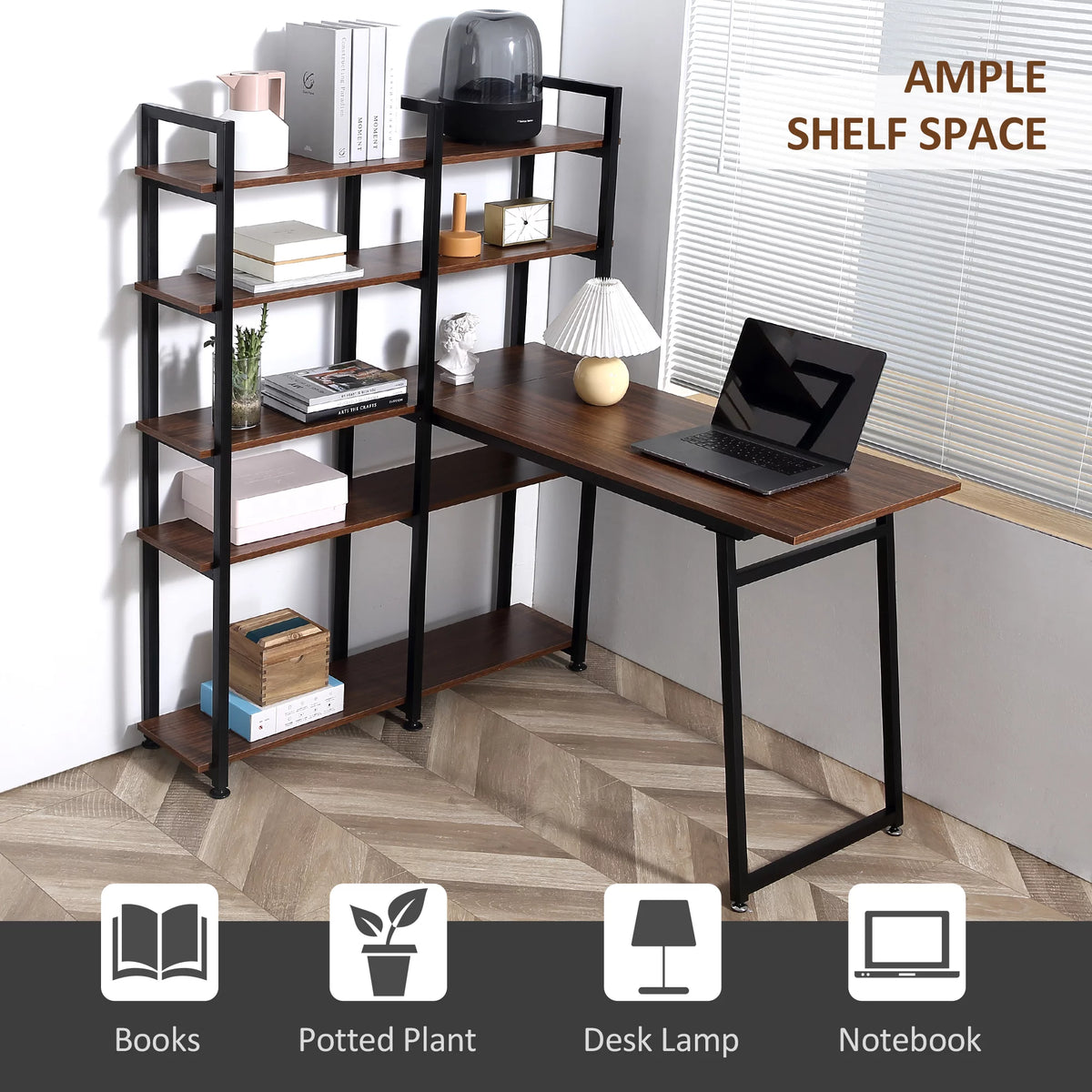 Black Walnut L-Shaped Computer Desk with Display Shelves L6050