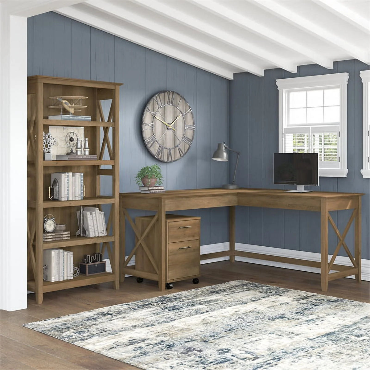 L Desk with Drawers and Bookcase Reclaimed Pine Engineered Wood I3891