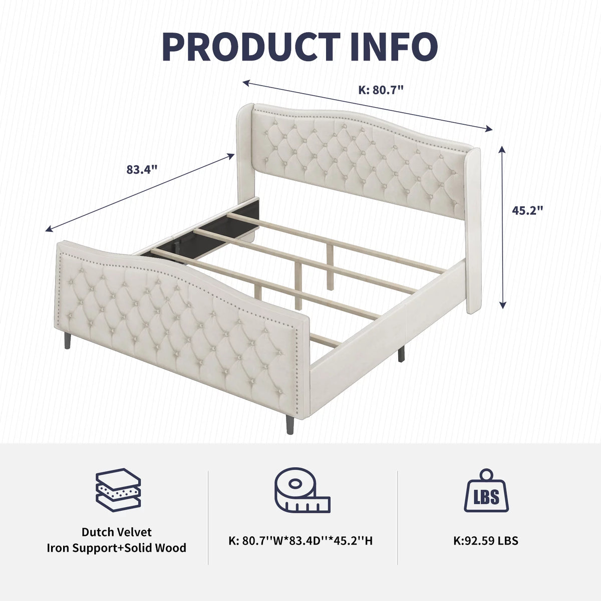 King Size Bright White Button Tufted Velvet Upholstered Platform Bed Frame C8757