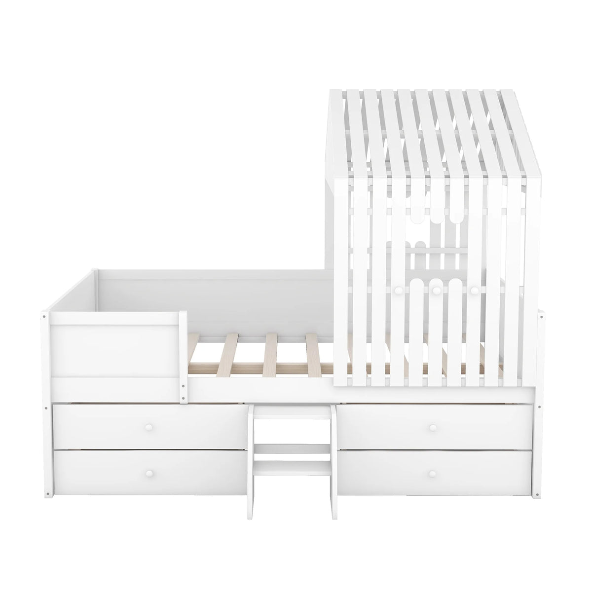 Full Size Low Loft Bed with Roof and Drawers, White G728264
