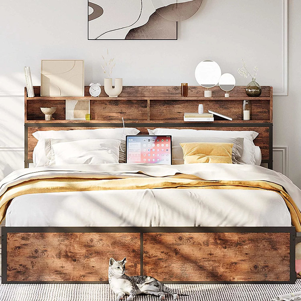 King Size Platform Storage Bed with Bookcase Headboard G7024