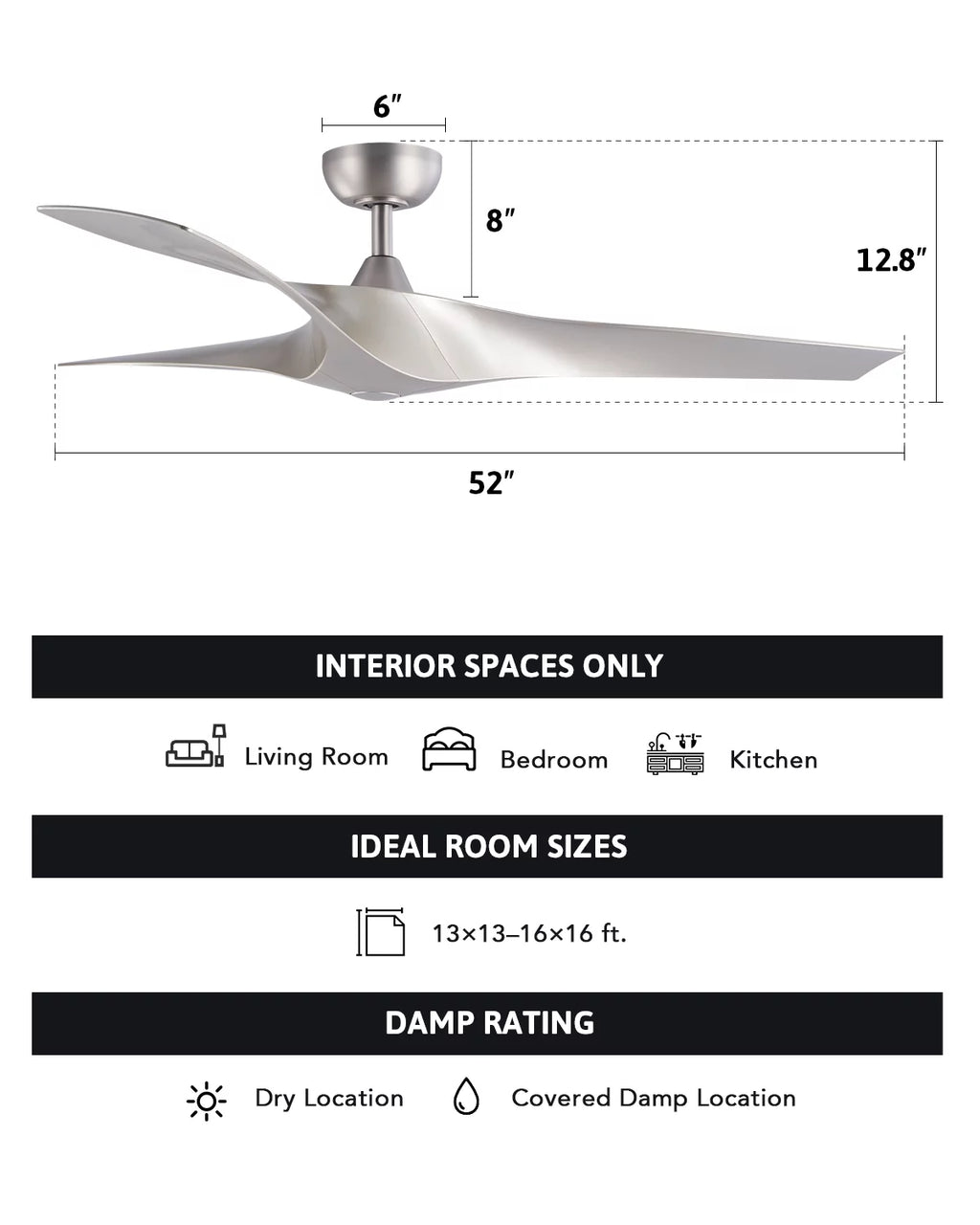 52" Farmhouse Ceiling Fan with Remote 6 Speeds Silver X710