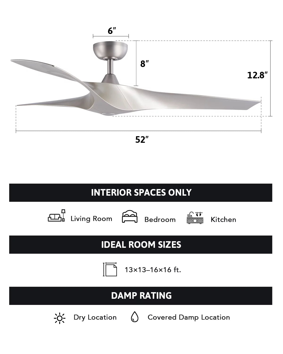 52" Farmhouse Ceiling Fan with Remote 6 Speeds Silver X710