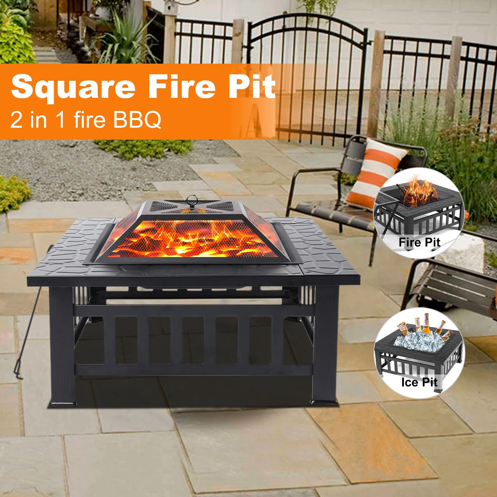 32 Square Metal Fire Pit Table with Spark Screen & Log Poker R899306