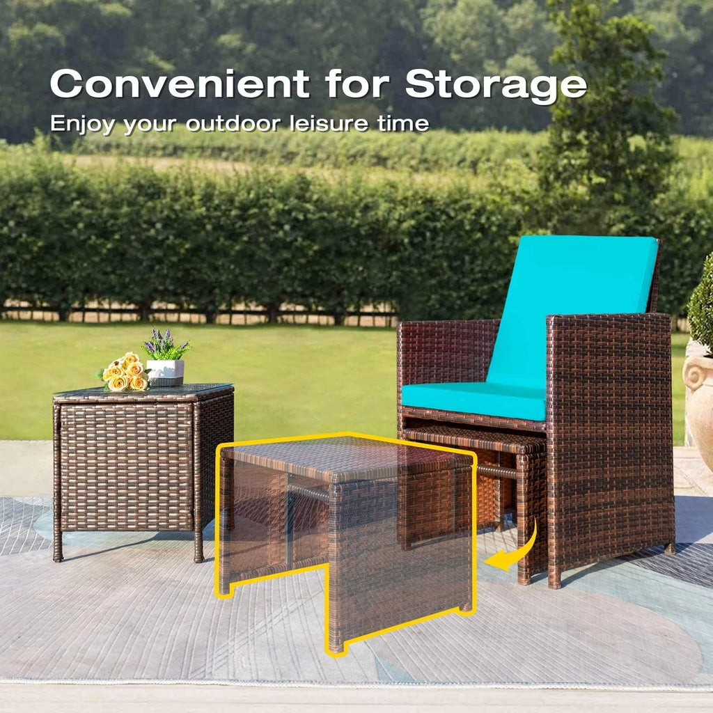 7 Pieces Patio Furniture Set Cushioned Wicker Chairs with Ottoman and Glass Table E815941
