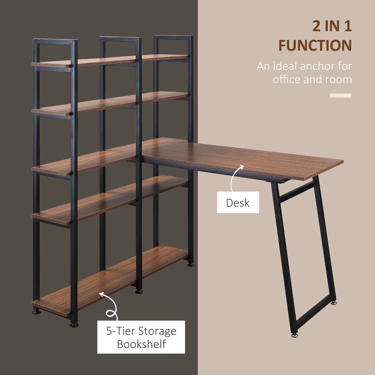 Black Walnut L-Shaped Computer Desk with Display Shelves L6050