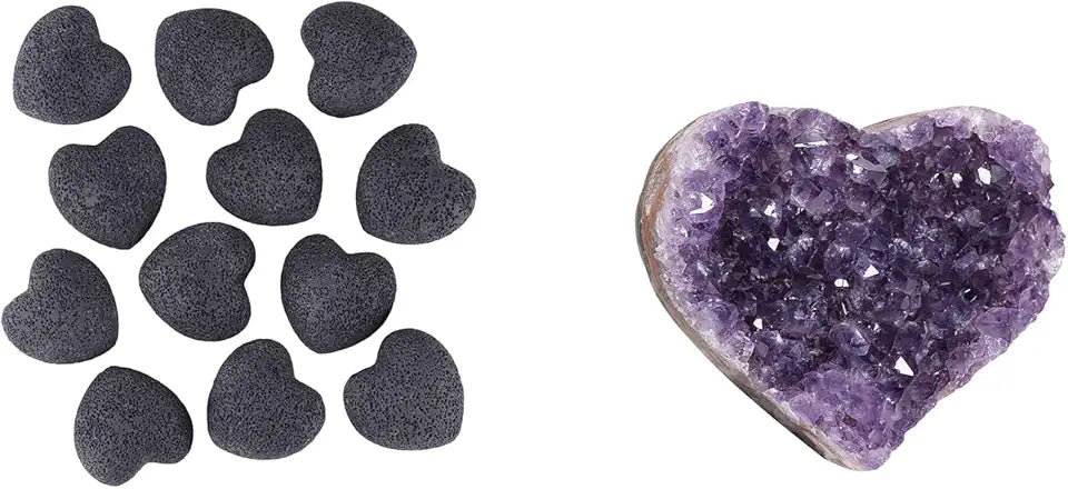 Black Lava Rock & Amethyst Crystal Heart Stone U917108