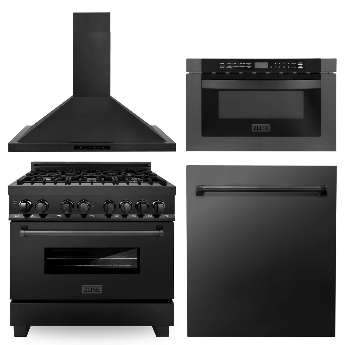 36 in. Dual Fuel Range, Range Hood, Microwave, Dishwasher in Black Stainless Steel I1611