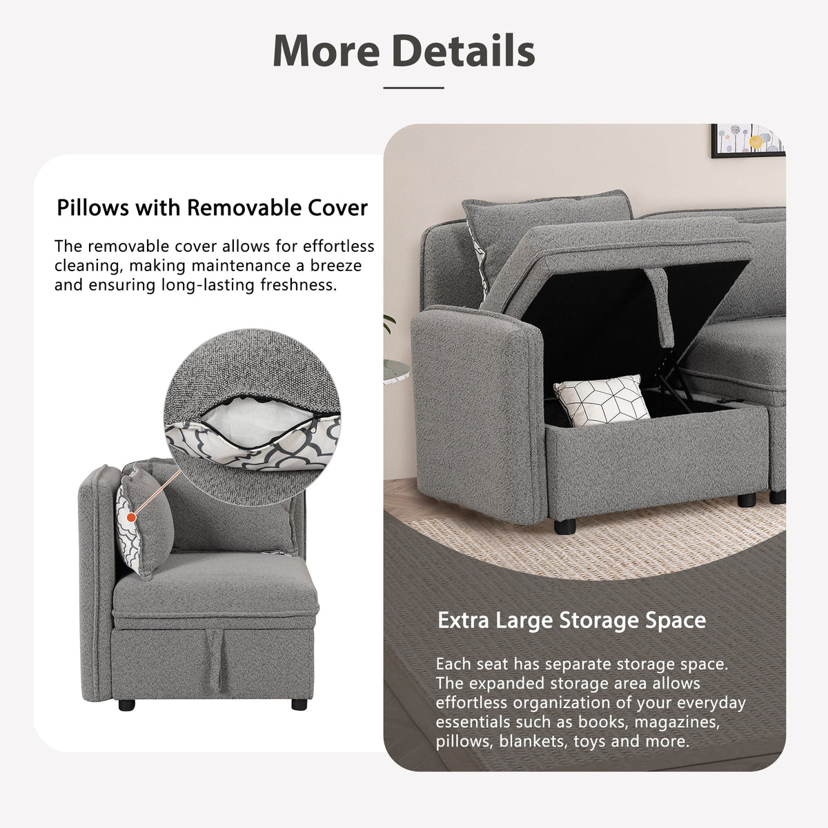 Gray Chenille Fabric 4 Seater Sectional Sofa with 5 Pillows K46333