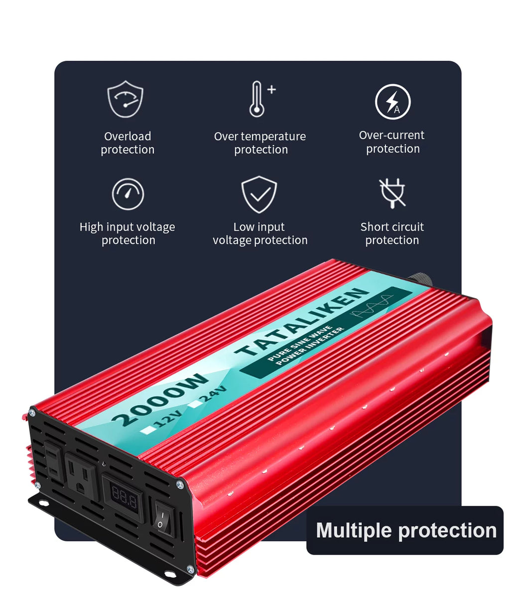 2000 Watts Pure Sine Wave Power Inverter DC 12V to AC 110V/120V with 2 AC Outlets J440