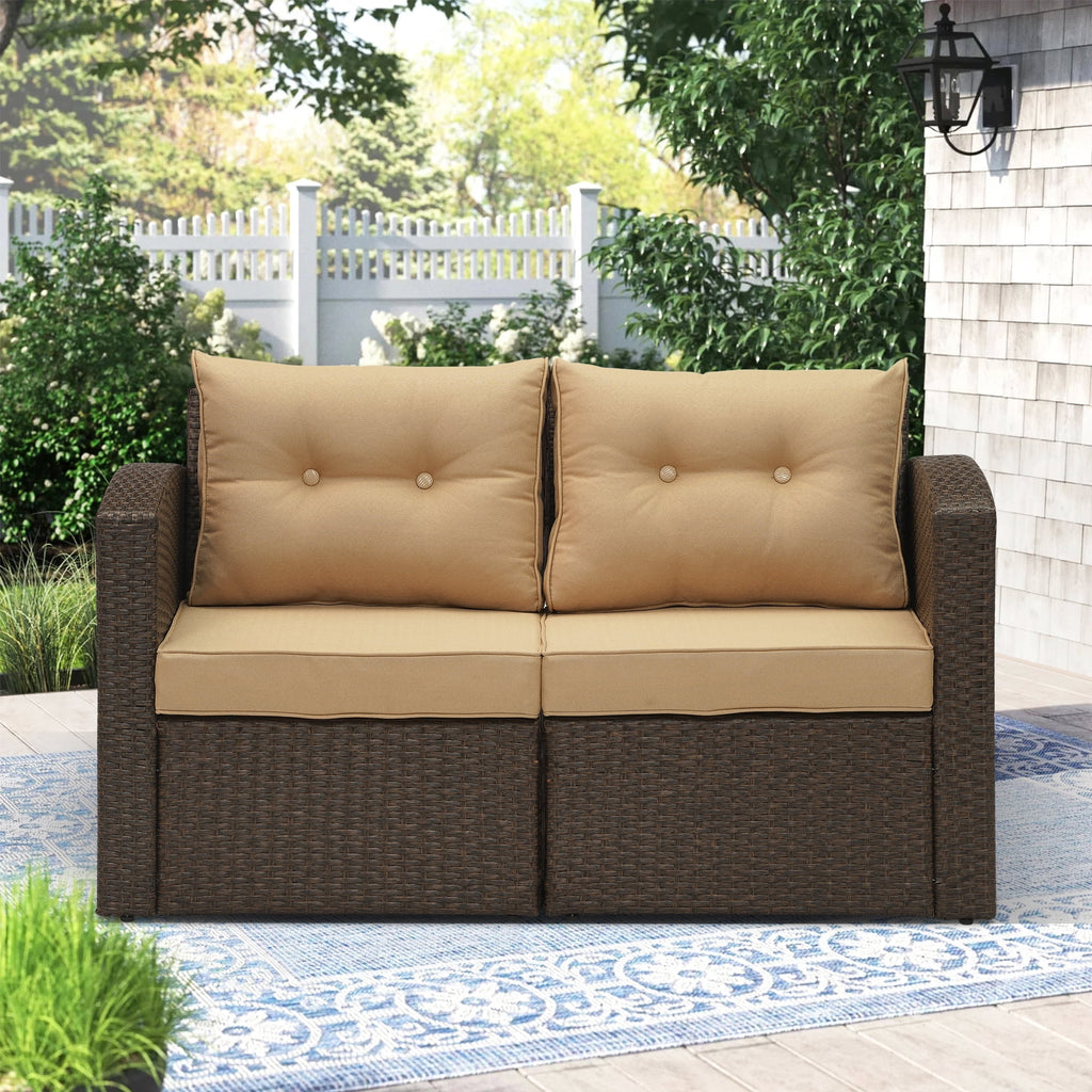 Brown Wicker Rattan Corner Sofa with Beige Cushions E332