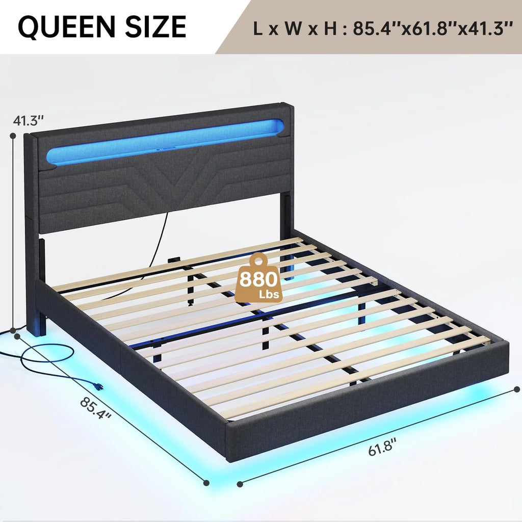 Queen Size Fabric Upholstered Platform Bed Frame with Storage Headboard V991719