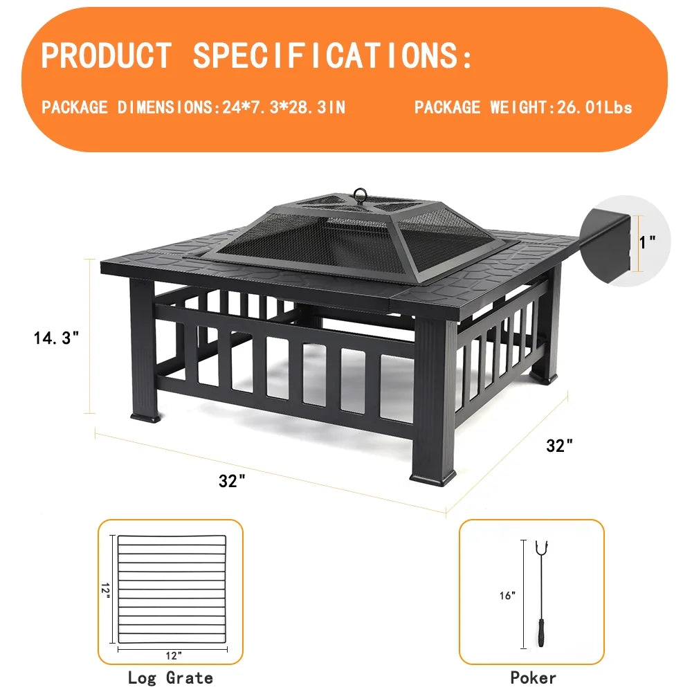 32 Square Metal Fire Pit Table with Spark Screen & Log Poker R899306