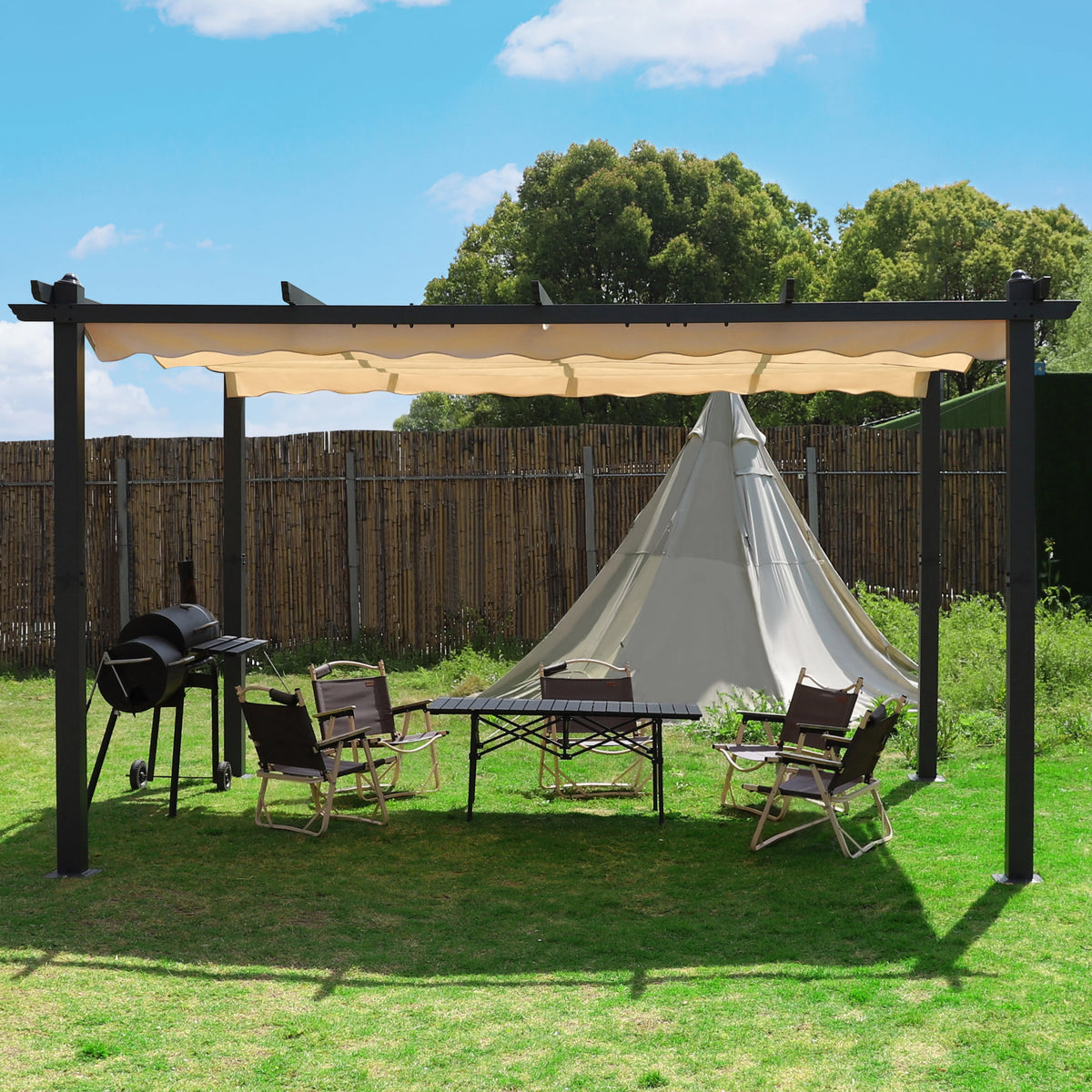 10' x 10' Gray Metal Pergola with Retractable Canopy O5222