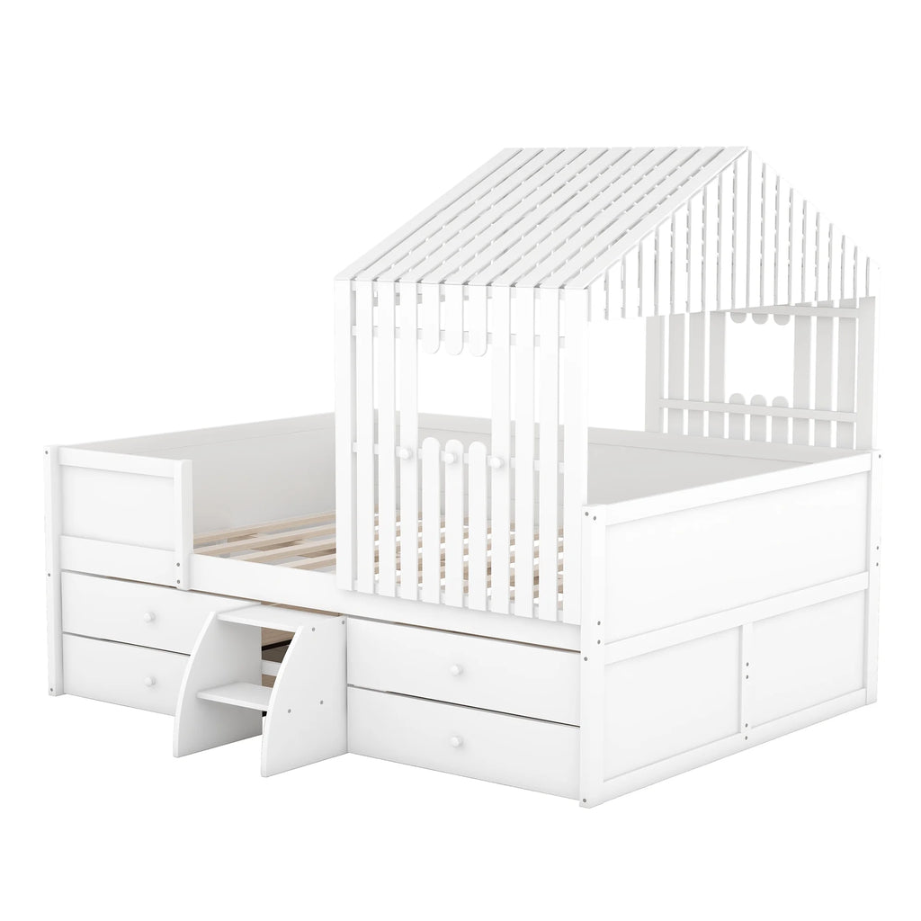 Full Size Low Loft Bed with Roof and Drawers, White G728264