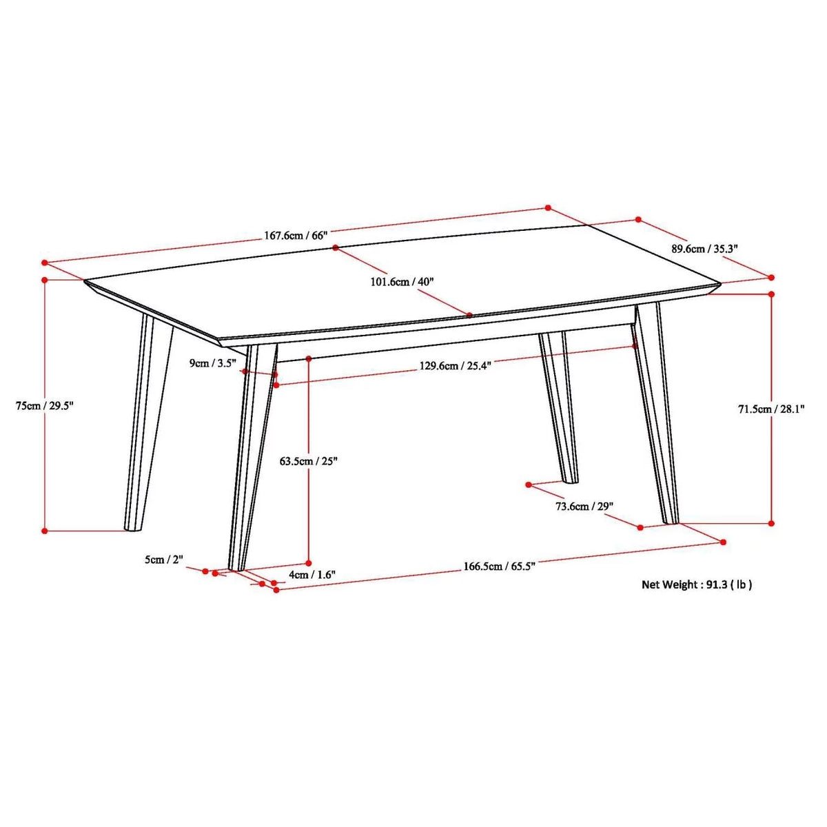 Solid Wood Rubberwood 66 inch x 40 inch Rectangle Dining Table C5148