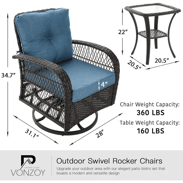 3 Pieces Wicker Patio Furniture Set with Glass Top Side Table N14899
