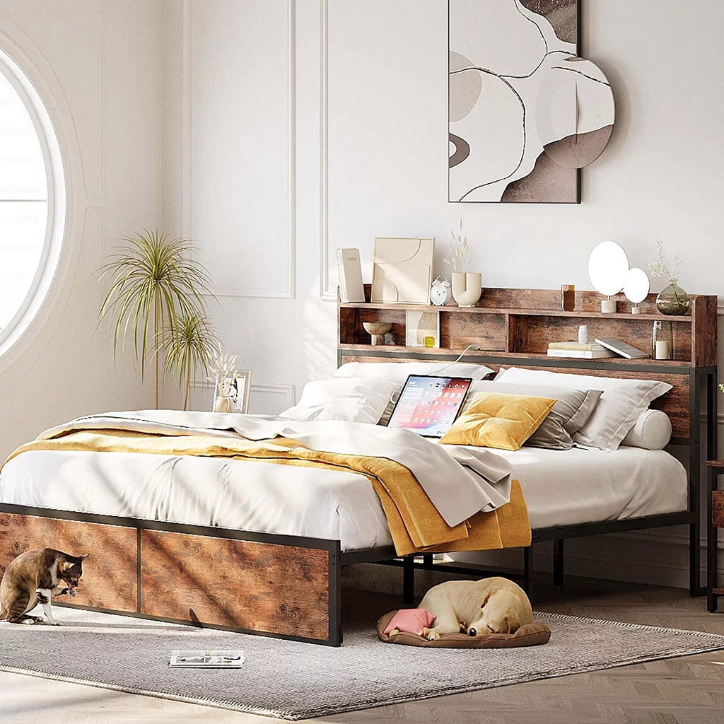 King Size Platform Storage Bed with Bookcase Headboard G7024