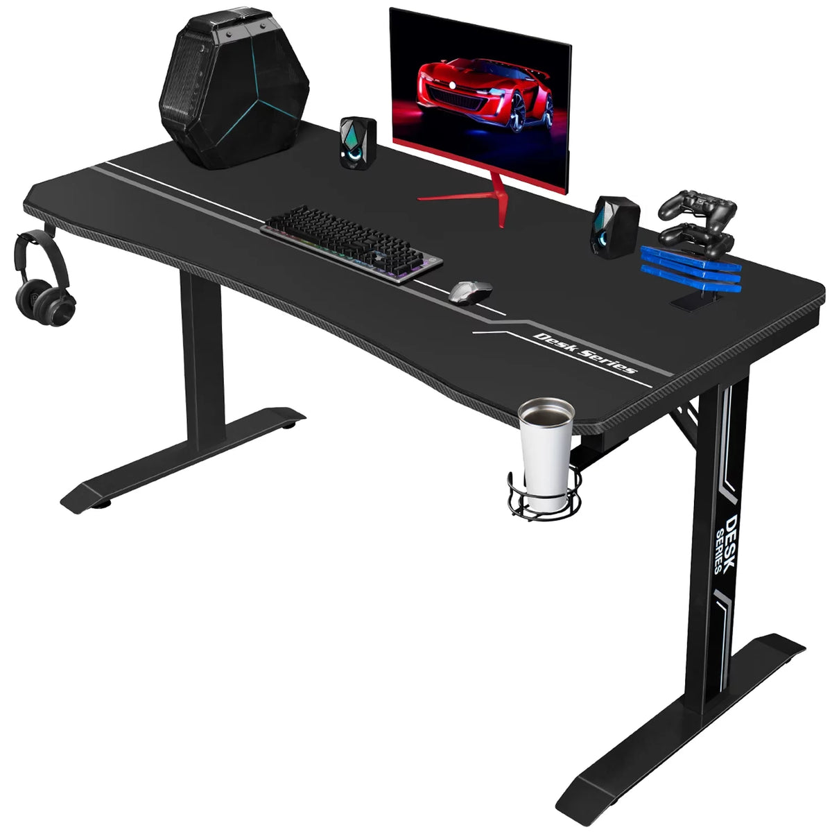 Black Gaming Computer Desk with Cup Holder and Headphone Hook W6941
