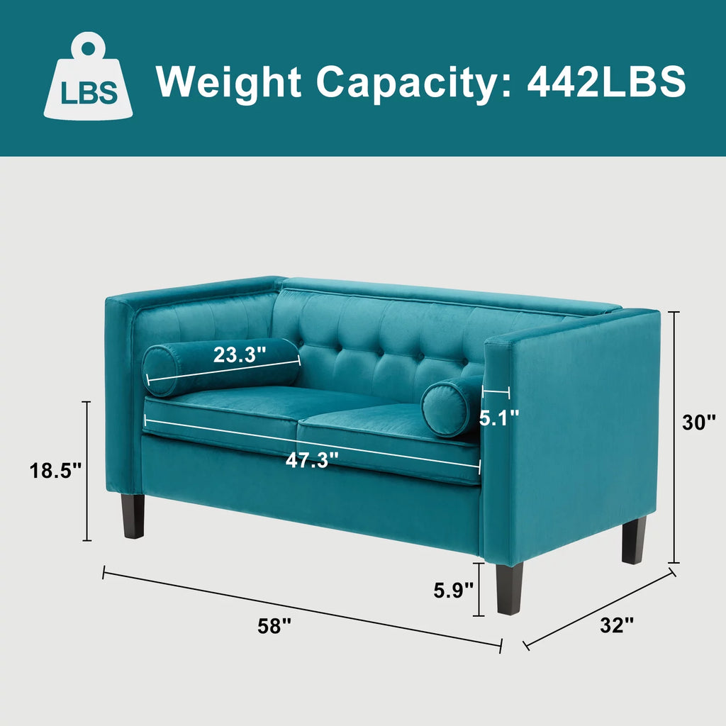 Peacock Blue Velvet Sofa with Bolster Pillows J854119