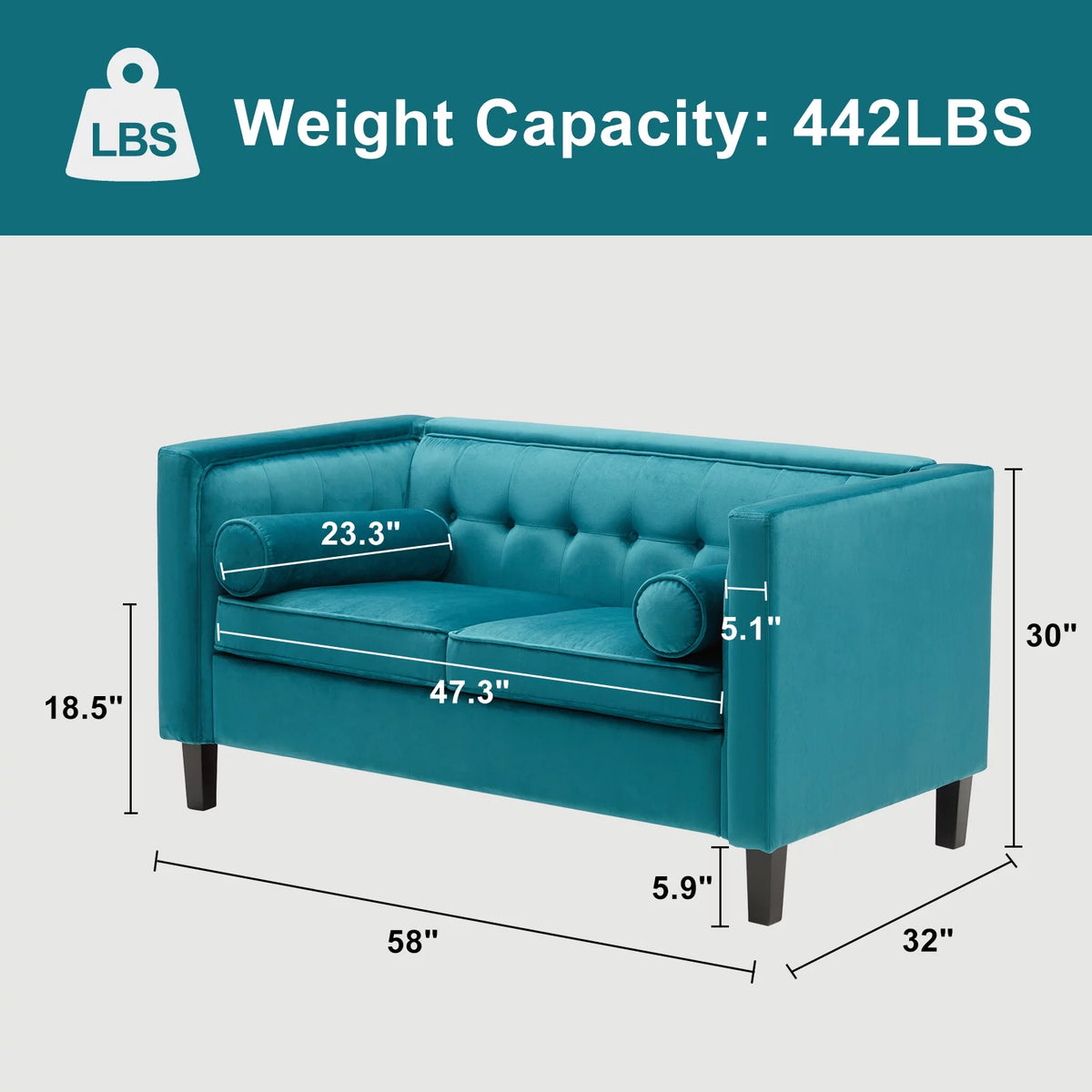 Peacock Blue Velvet Sofa with Bolster Pillows J854119