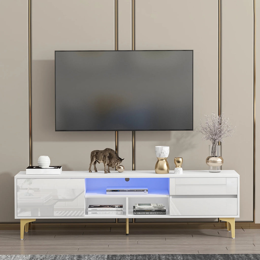 White TV Stand with LED Lights and Gold Metal Legs H883
