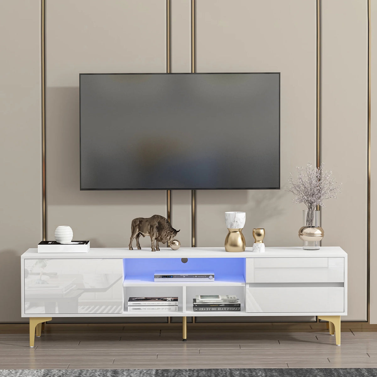 White TV Stand with LED Lights and Gold Metal Legs H883