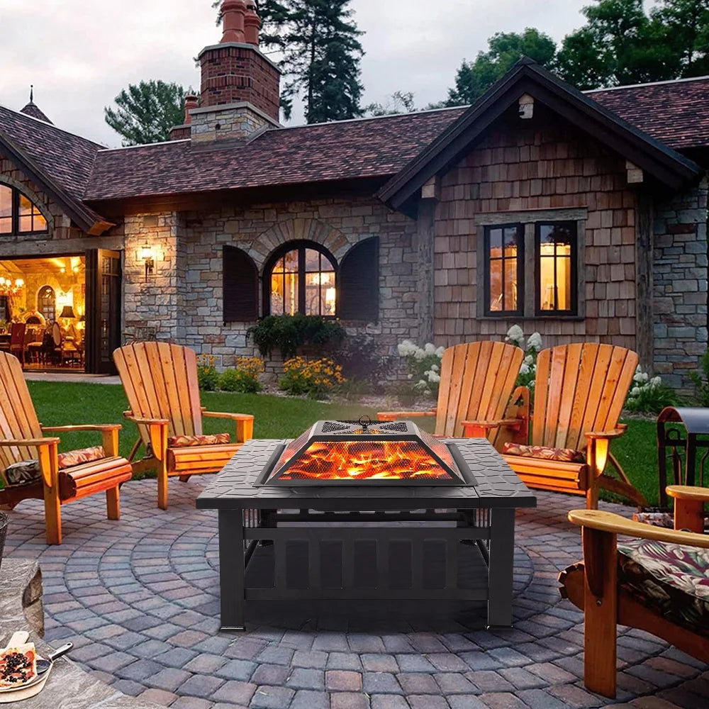 32 Square Metal Fire Pit Table with Spark Screen & Log Poker R899306