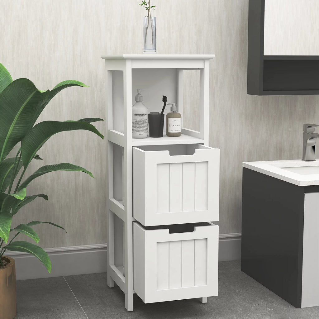 White 2 Drawer 1 Shelf Wood Bathroom Floor Cabinet I568