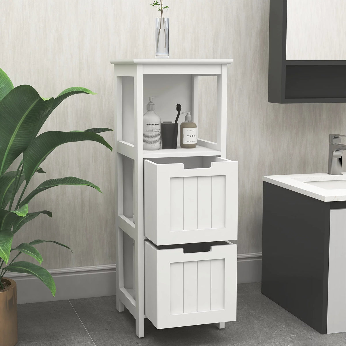 White 2 Drawer 1 Shelf Wood Bathroom Floor Cabinet I568