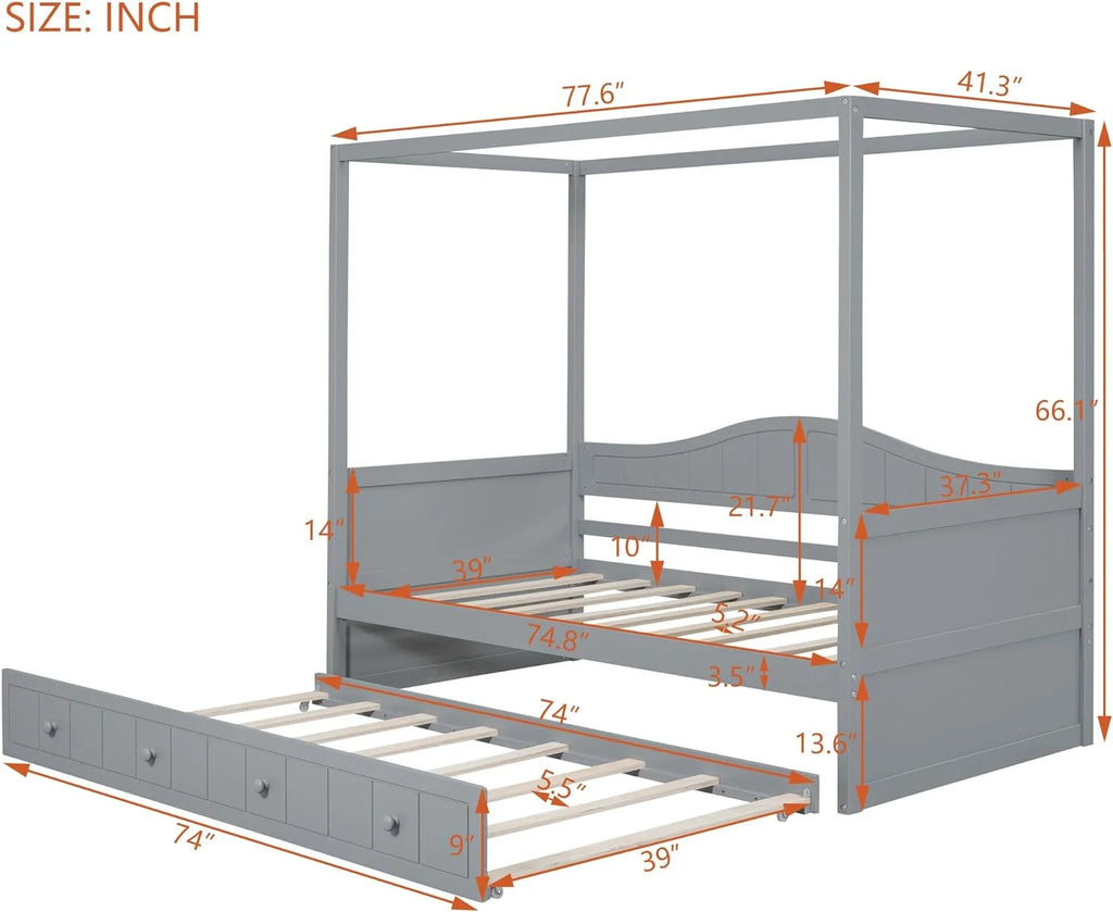Gray Wooden Canopy Bed with Trundle R8337
