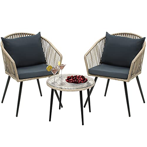 3-Piece Wicker Bistro Set with Cushions and Glass Side Table I36506