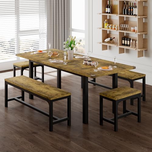 5-Piece Extendable Wooden Dining Table Set with 2 Benches and 2 Stools K7802