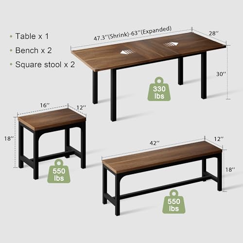 5-Piece Extendable Wooden Dining Table Set with 2 Benches and 2 Stools K7802