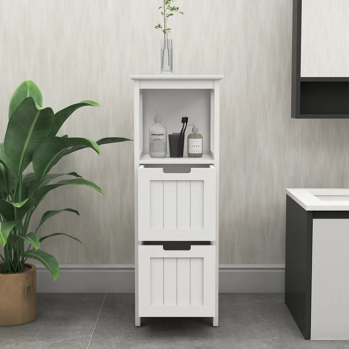 White 2 Drawer 1 Shelf Wood Bathroom Floor Cabinet I568