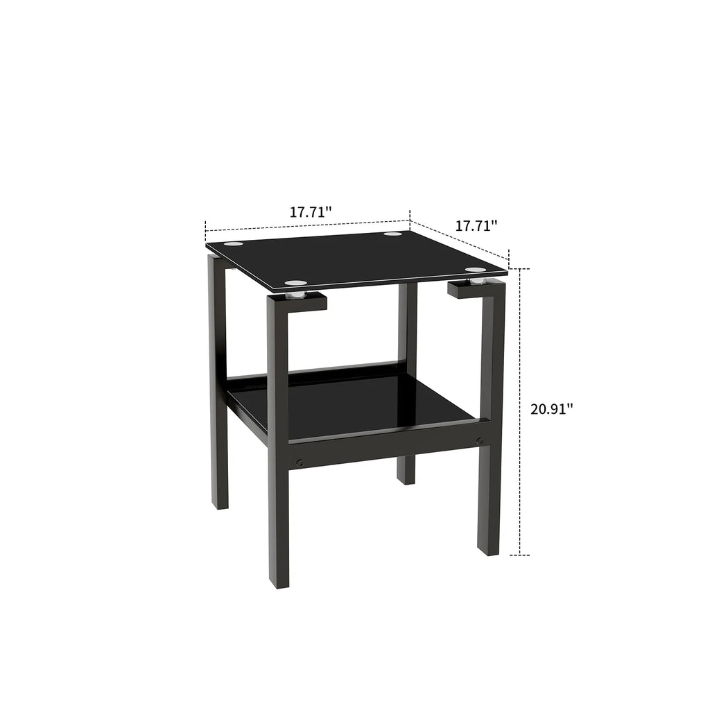 Black Glass Floor-standing End Table with Metal Legs and Open Shelf O2116