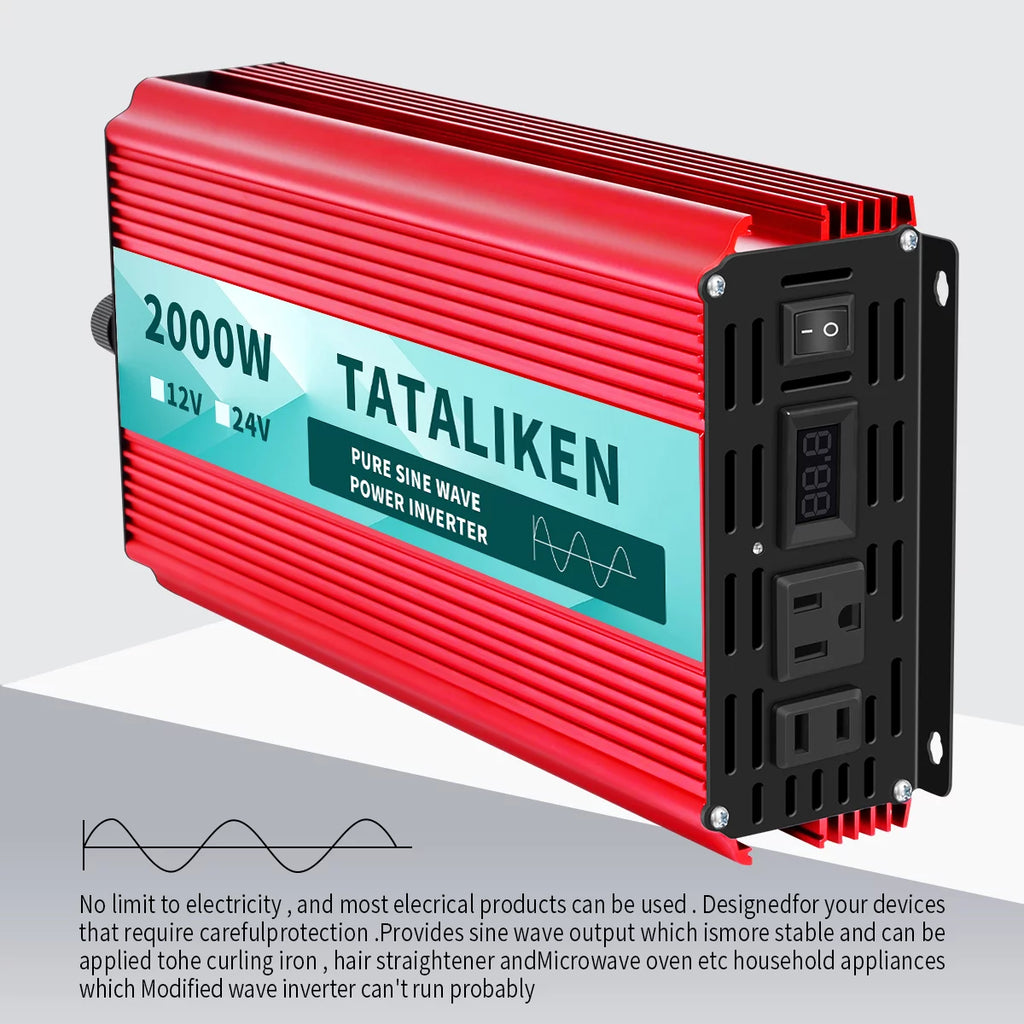 2000 Watts Pure Sine Wave Power Inverter DC 12V to AC 110V/120V with 2 AC Outlets J440