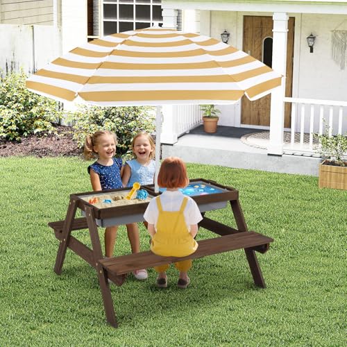 Kids Wooden Picnic Table and Chair Set with Umbrella F922