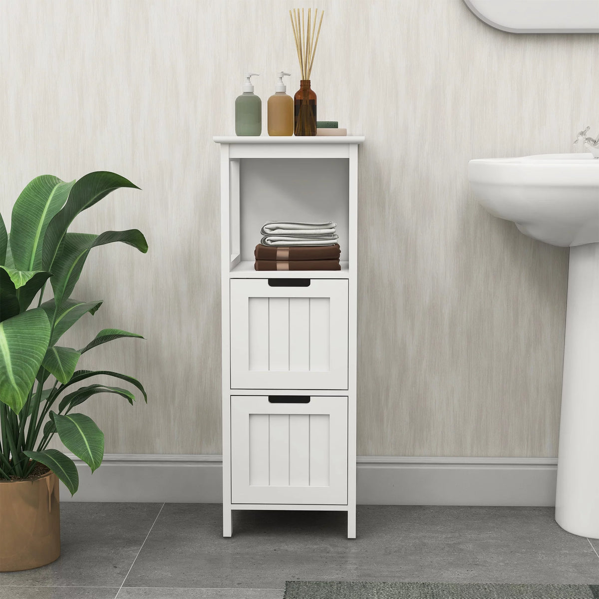 White 2 Drawer 1 Shelf Wood Bathroom Floor Cabinet I568