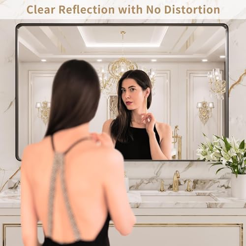 Black Metal Framed 22X30 Inch Rounded Rectangle Bathroom Mirror N3407