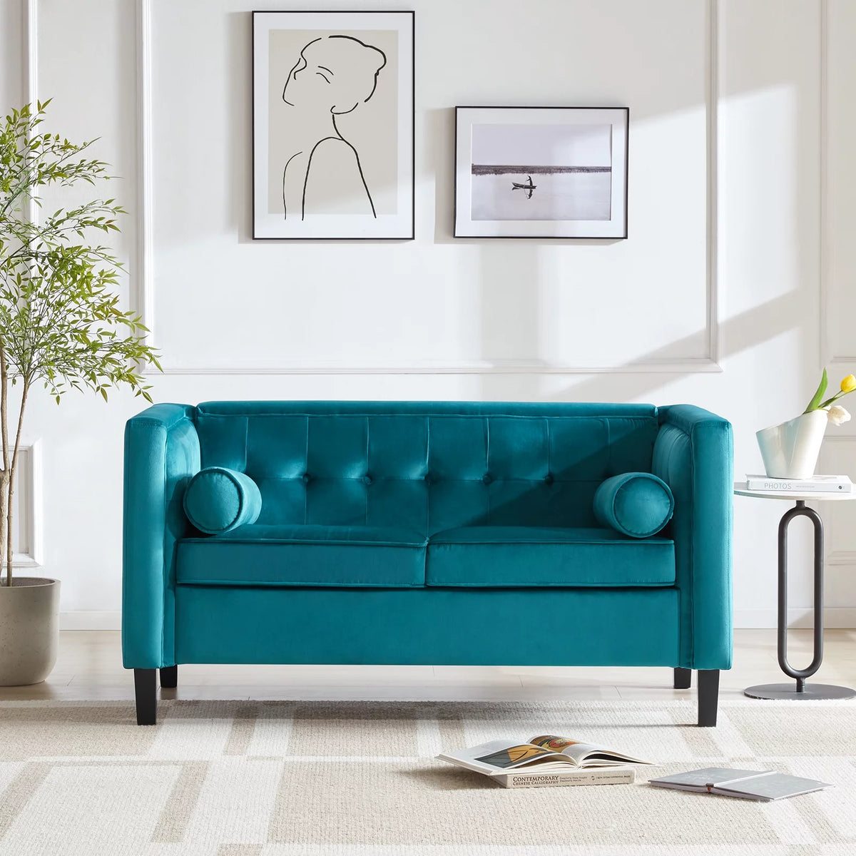 Peacock Blue Velvet Sofa with Bolster Pillows J854119