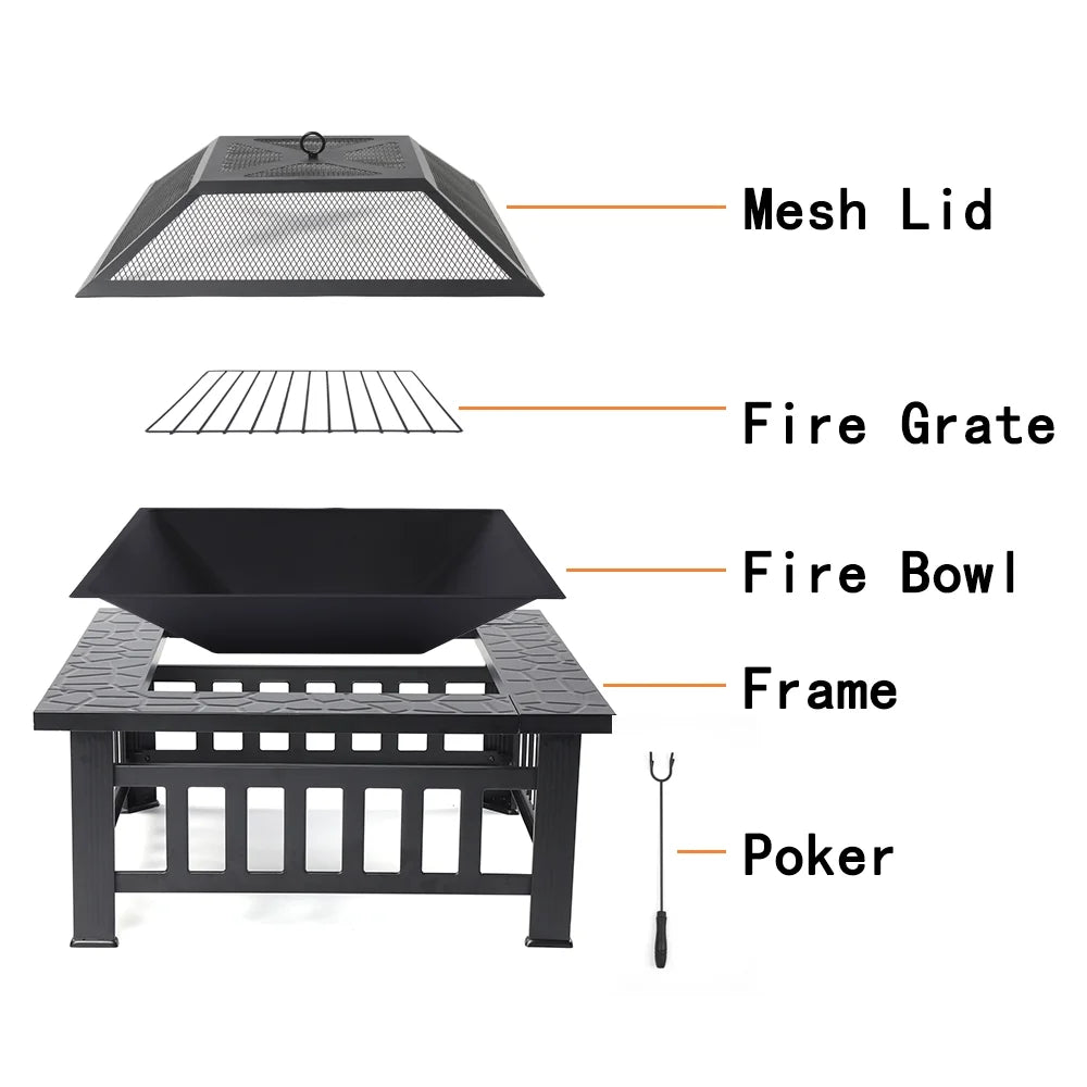 32 Square Metal Fire Pit Table with Spark Screen & Log Poker R899306
