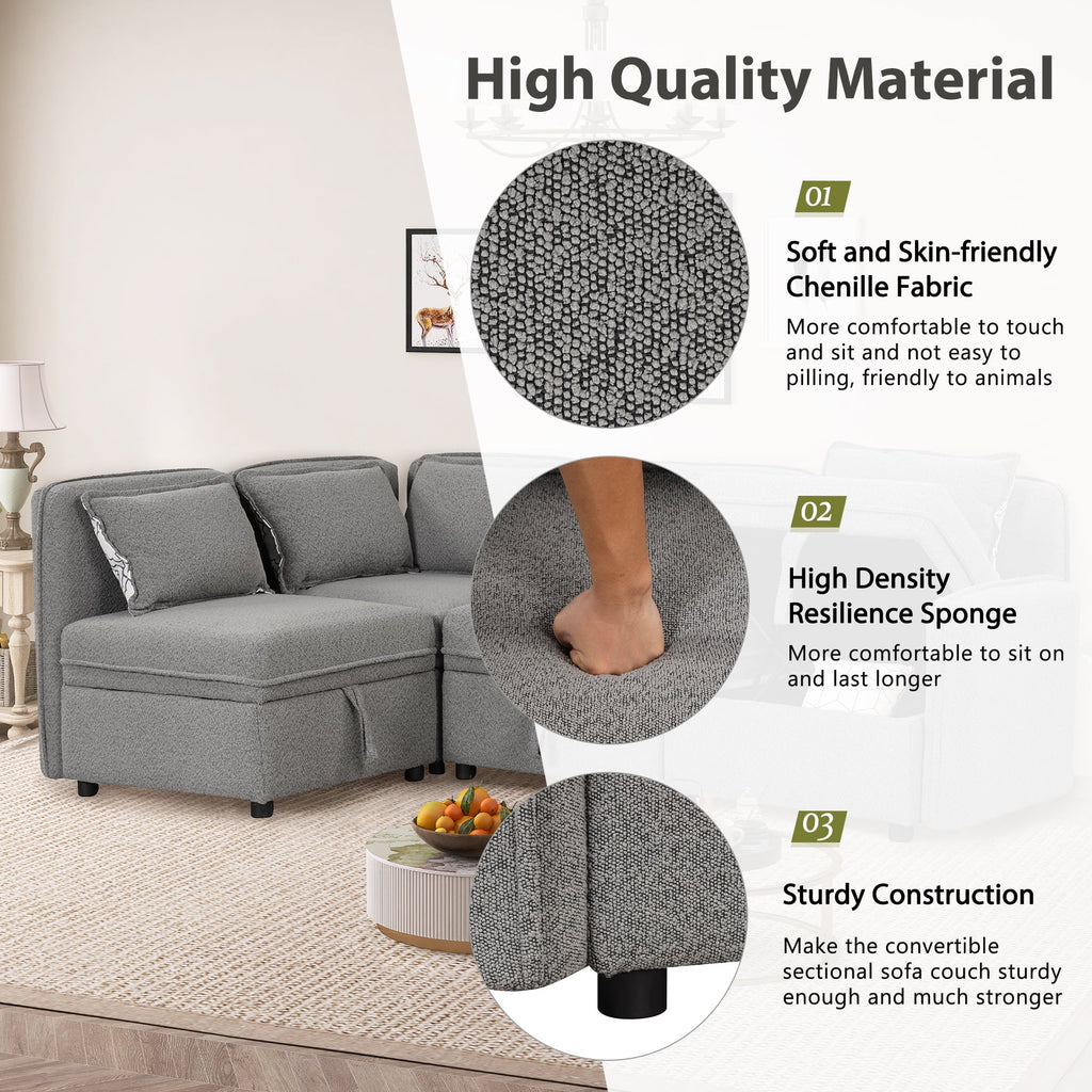 Gray Chenille Fabric 4 Seater Sectional Sofa with 5 Pillows K46333