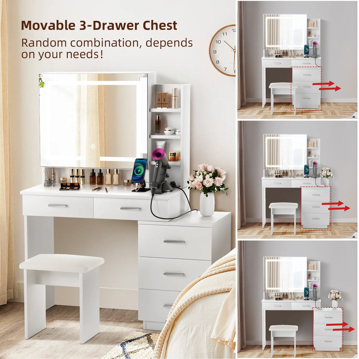 White Makeup Vanity Desk with Lighted Mirror and 3-Drawer Chest F448